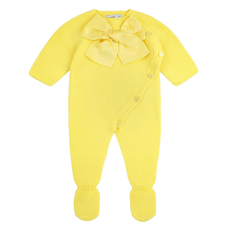 Garter stitch romper with large grosgrain bow LIMONCELLO