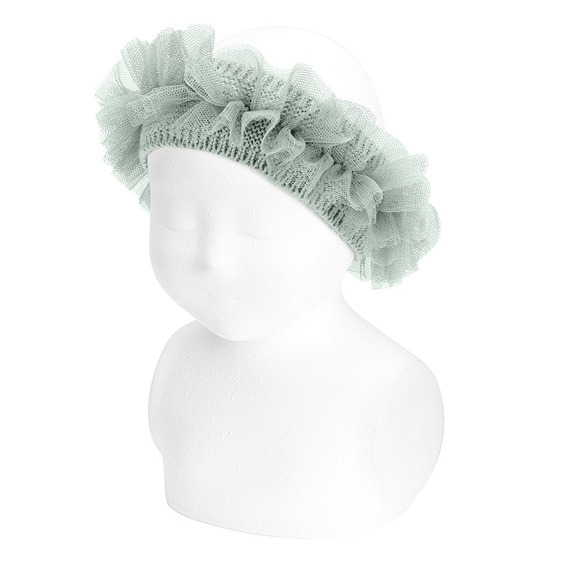 Garter stitch headband with tulle SEA MIST