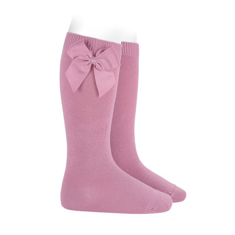 Cotton knee socks with side grosgrain bow CHEWING GUM