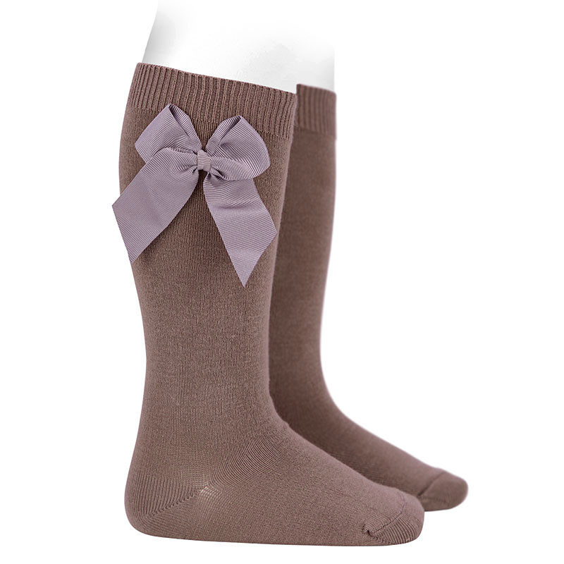 Cotton knee socks with side grosgrain bow PRALINE
