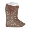 Chaussettes hautes perle,ajouré géometrique, noeud PRALINE