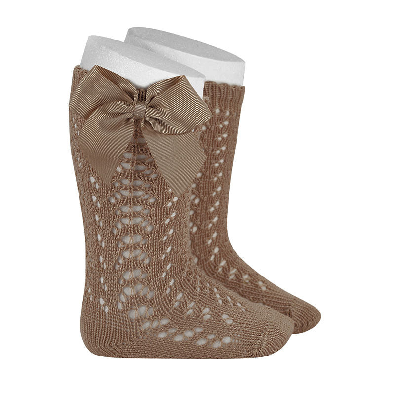 Perle openwork knee-high socks with grosgrain bow PRALINE