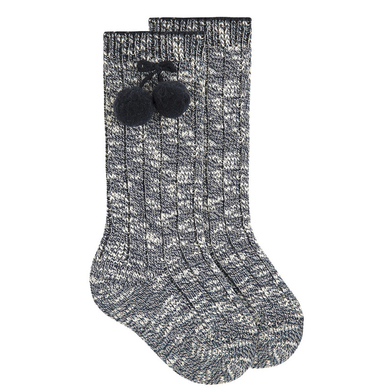 Twisted thread knee socks with pompoms BLUE