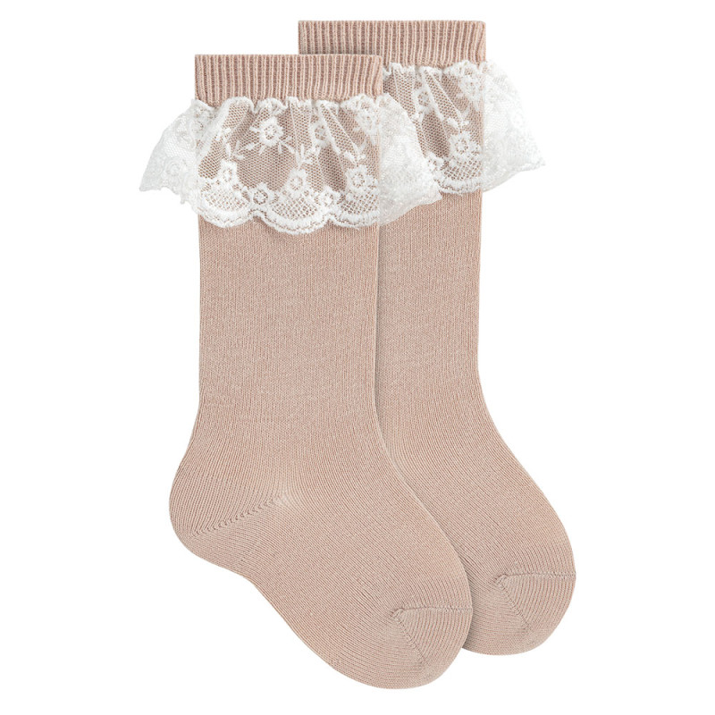 Calcetines altos con puntilla bolillo ROSA EMPOLVADO