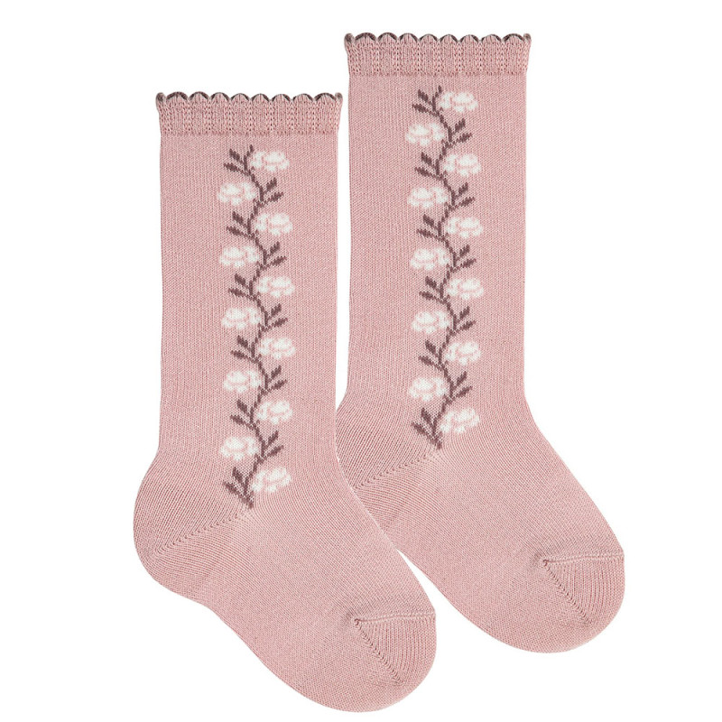 Calcetines altos cenefa flores ROSA PALO