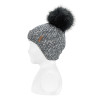 Bonnet côtelé en fil retors, oreillettes& pompon BLEU
