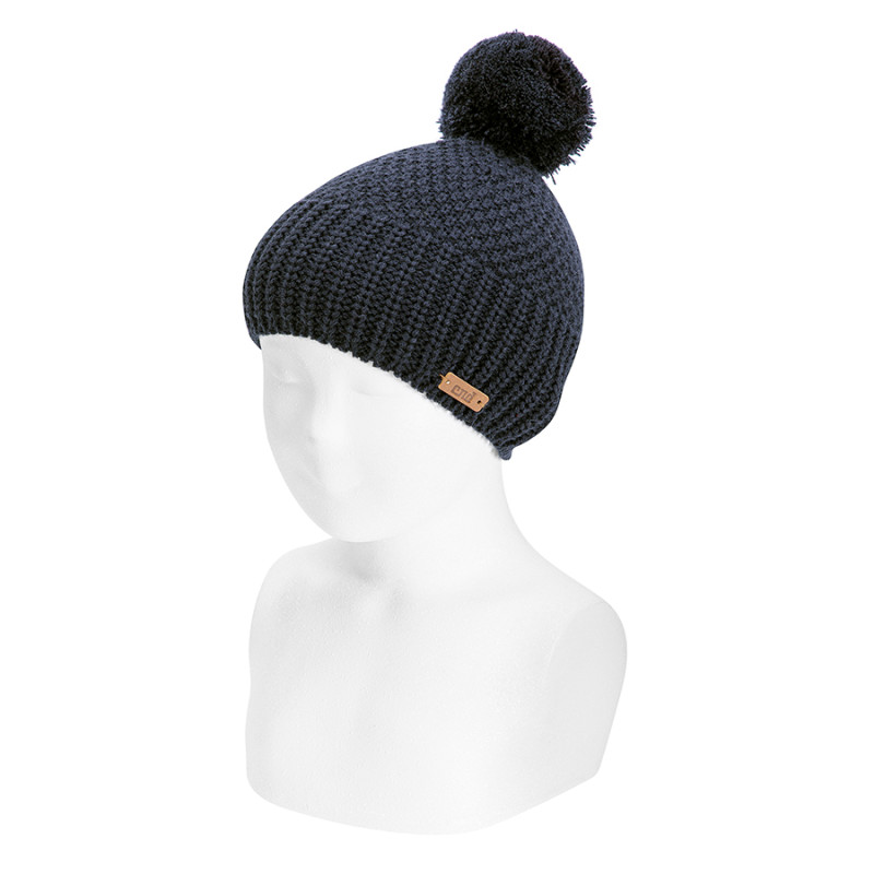 Sand stitch knit hat with pompom NAVY BLUE