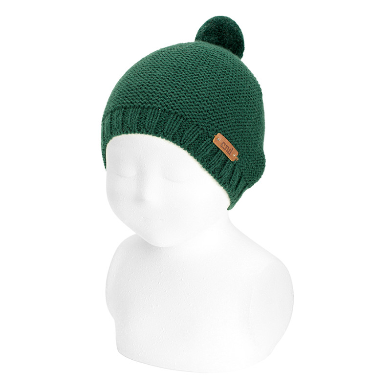 Gorro ponto jarreteira com mini borla VERDE GARRAFA