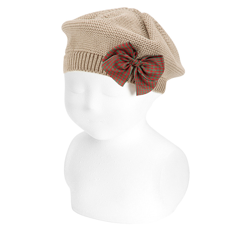 Garter stitch beret with christmas vichybow NOUGAT