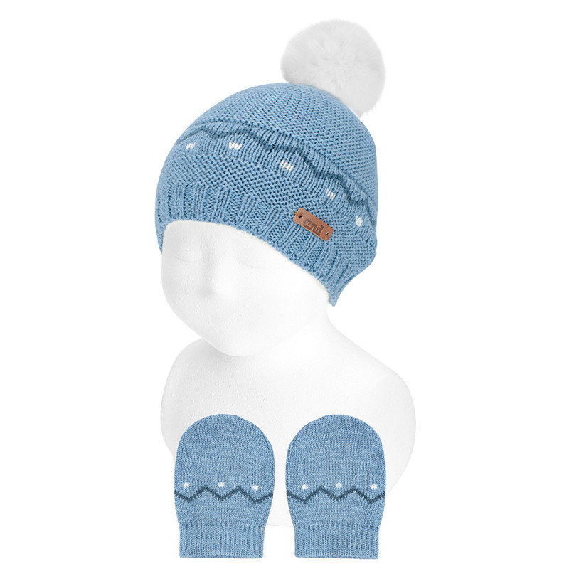 Conjunto cenefa mezcla merino (gorro + manoplas) AZUL AIRE