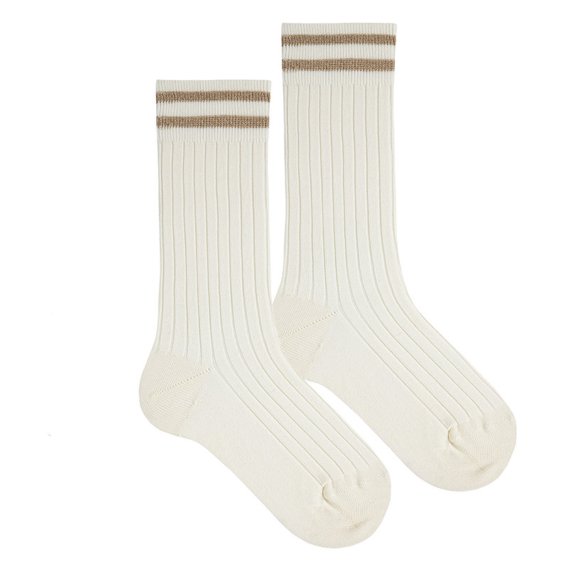 Chaussettes hautes femme còtelées rayures fil bril ECRU