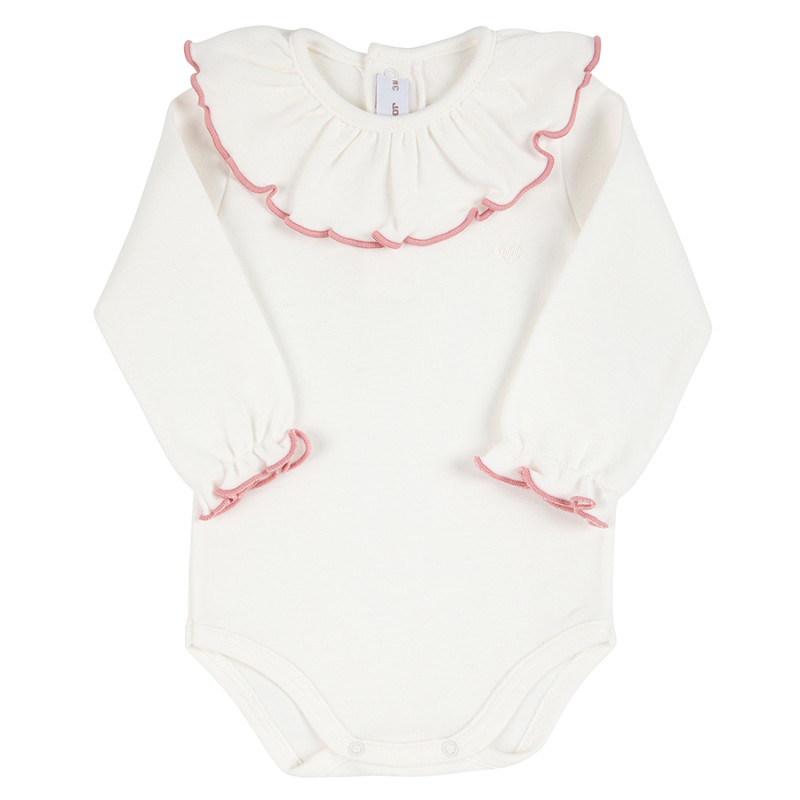 Heart embroidery body with scallop collar and cuff WHITE/PINK