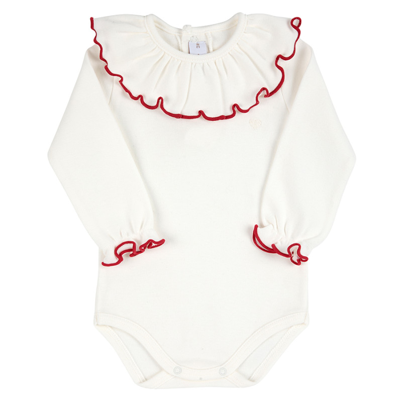Body brodé coeur et feston au col et auxpoignets CREME-ROUGE VELOURS