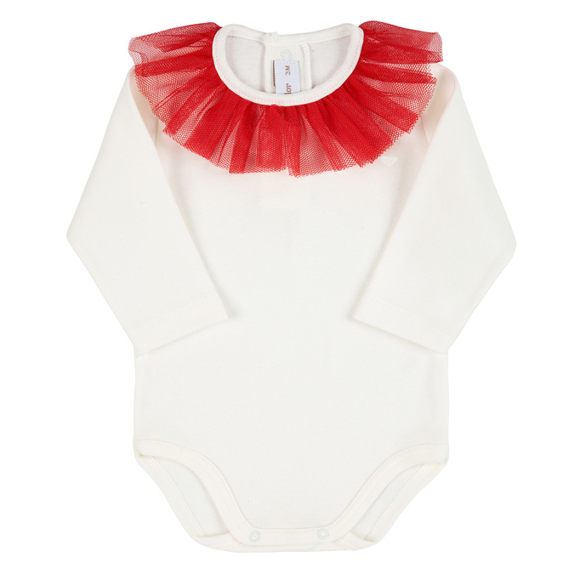 Body brodé coeur et col avec tulle froncé CREME-ROUGE