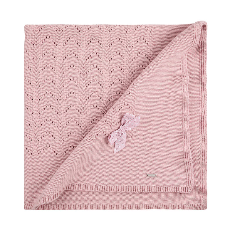Openwork garter stitch shawl w/liberty flower bow PALE PINK