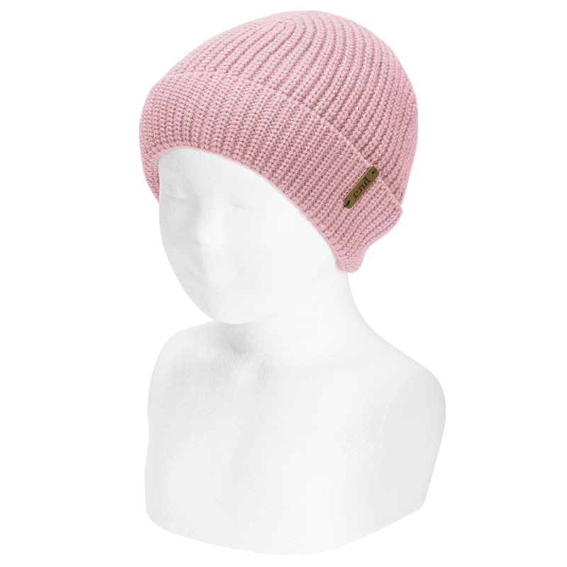 English stitch fold-over knit hat PALE PINK
