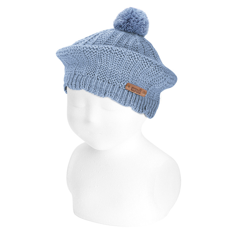 Boina mescla llana merino, punt links amb borla BLAU AIRE