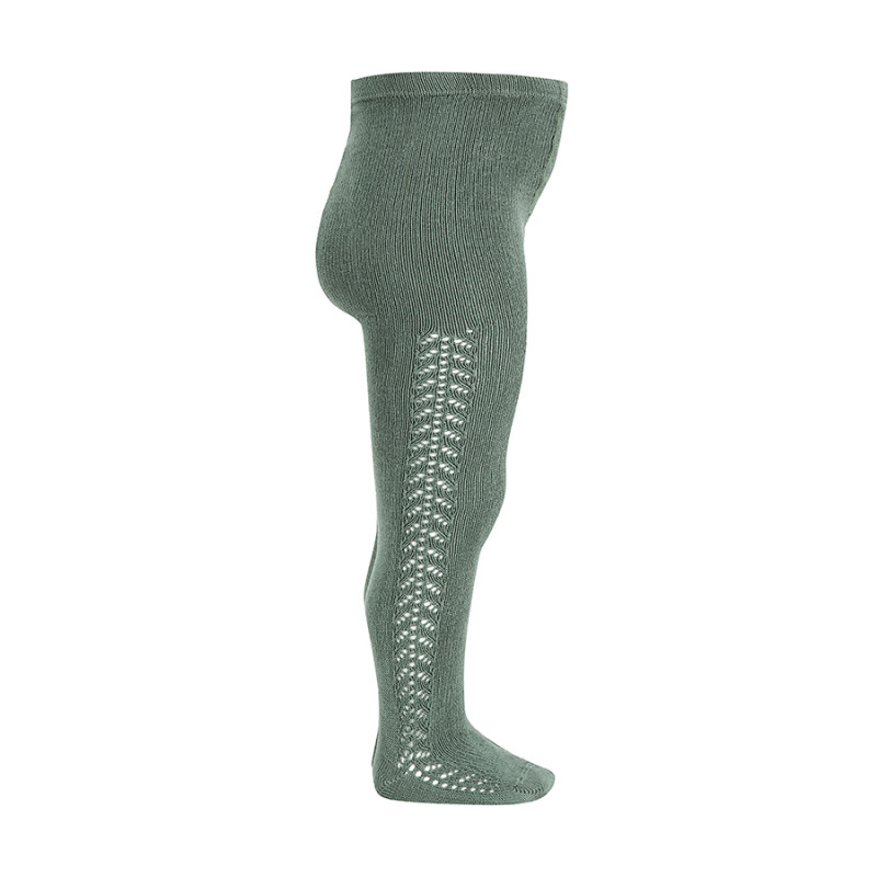 Warm cotton tights with side openwork LICHEN GREEN