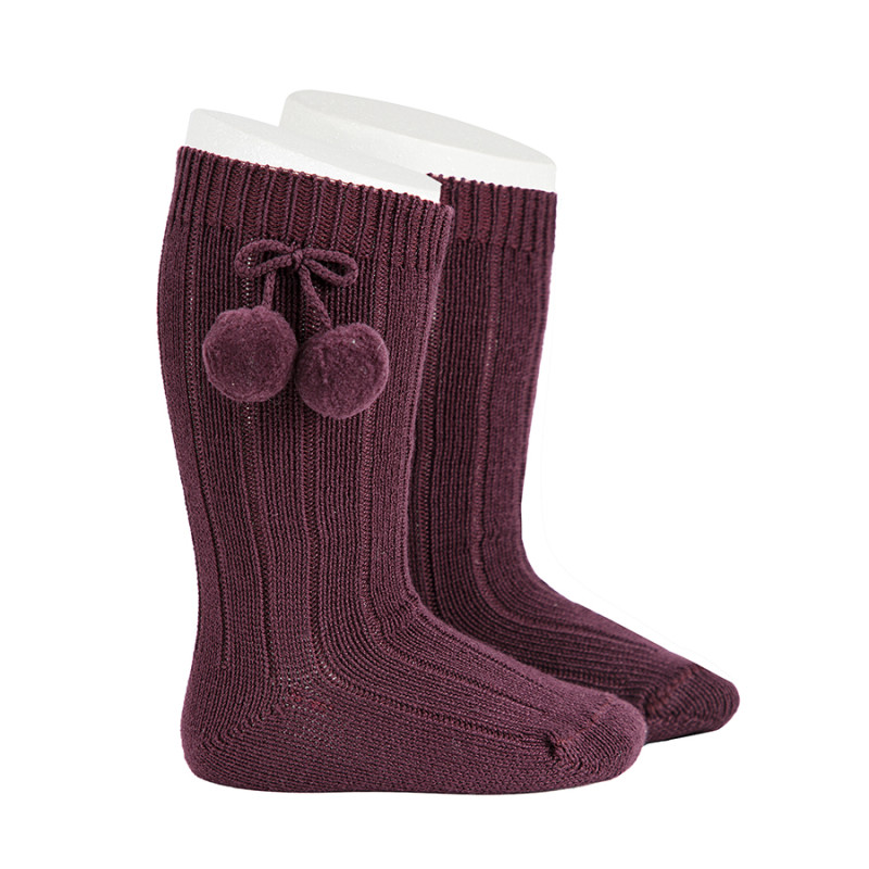 Warm cotton rib knee socks with pompoms SYRAH