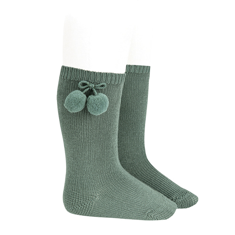 Warm cotton knee socks with pompoms LICHEN GREEN