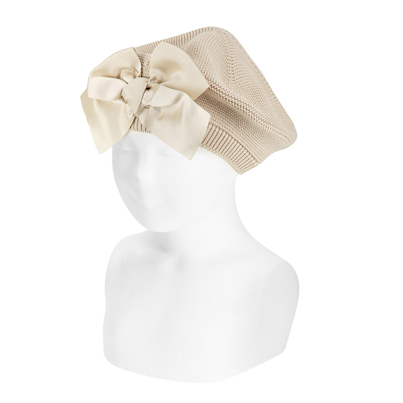 Garter stitch beret with large grosgrain bow LINEN