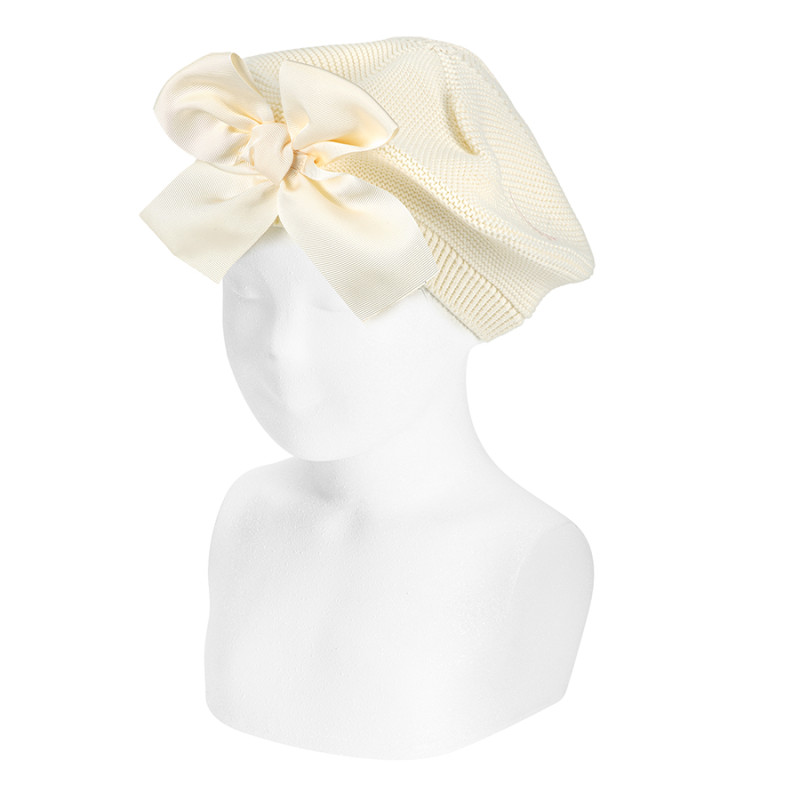 Garter stitch beret with large grosgrain bow BEIGE