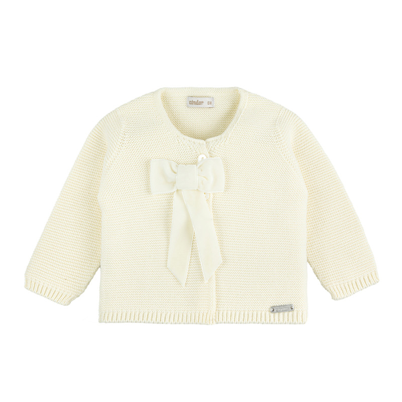 Garter stitch cardigan with coquette velvet bow BEIGE