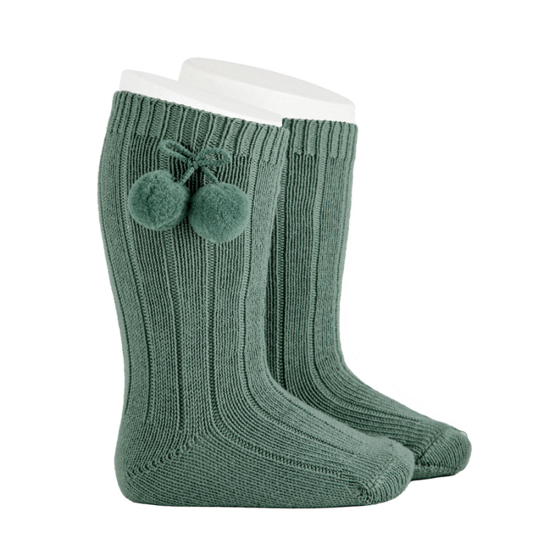 Warm cotton rib knee socks with pompoms LICHEN GREEN