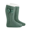 Warm cotton rib knee socks with pompoms LICHEN GREEN