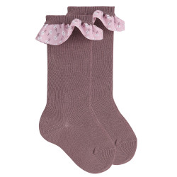 Meias altas com fita flor...