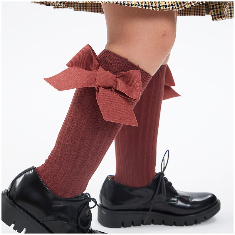 Ribbed knee socks with micro corduroy bow