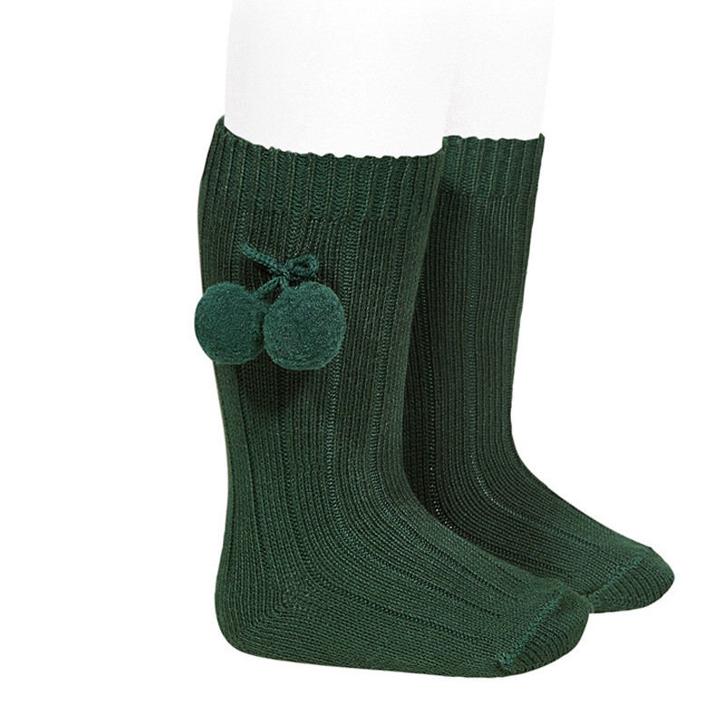 Calcetines altos canalé algodón cálido borlas VERDE BOTELLA