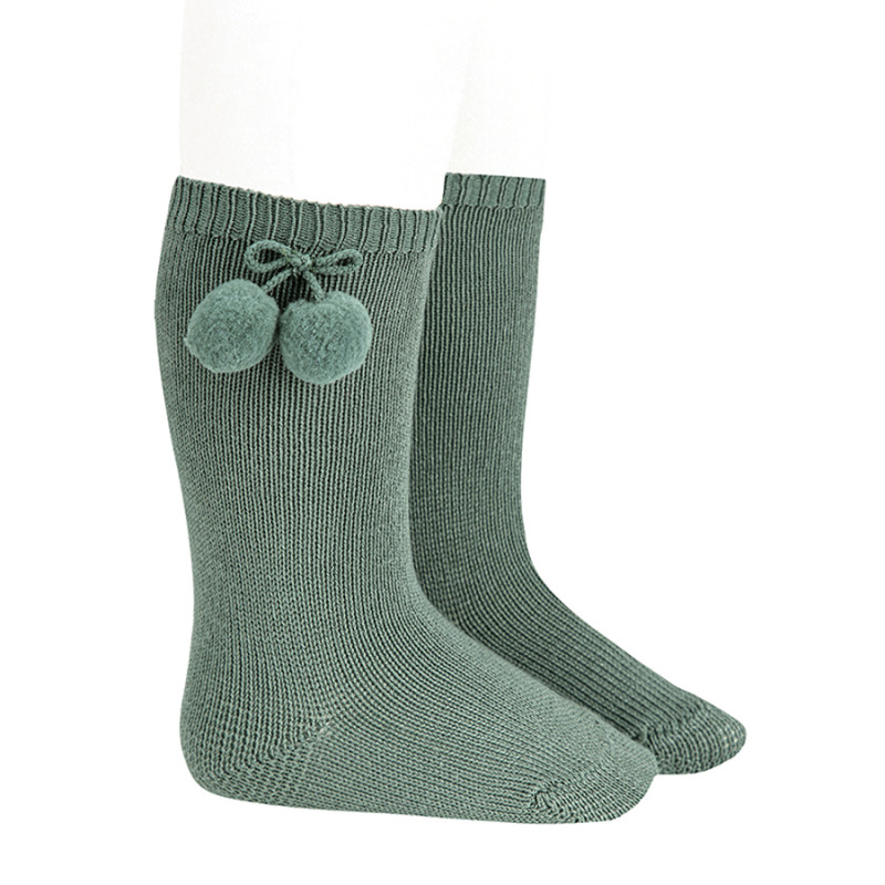 Calcetines altos algodón cálido con borlas VERDE LIQUEN