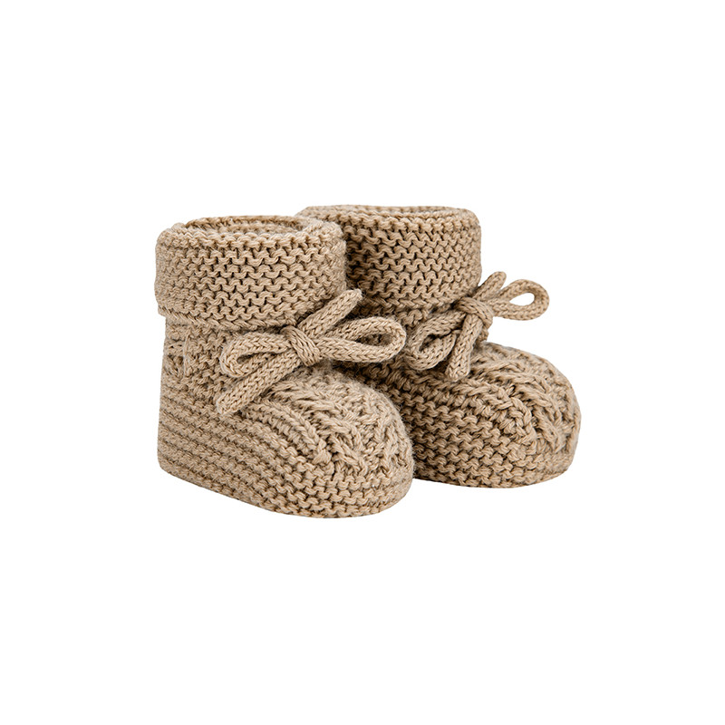 Wool baby aran stitch booties BISCUIT